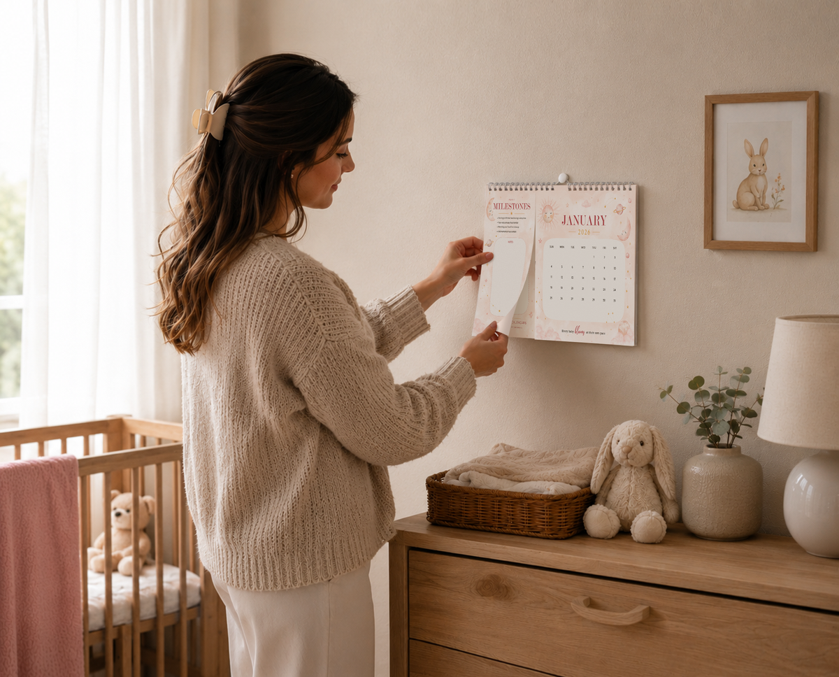 Parent interacting with the Celestial Bloom baby milestone calendar