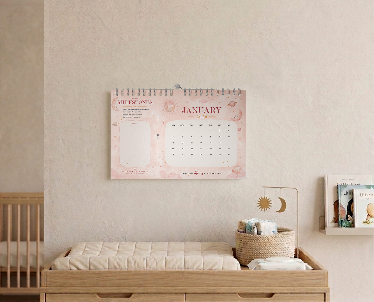 Celestial Bloom baby milestone wall calendar displayed as nursery wall decor