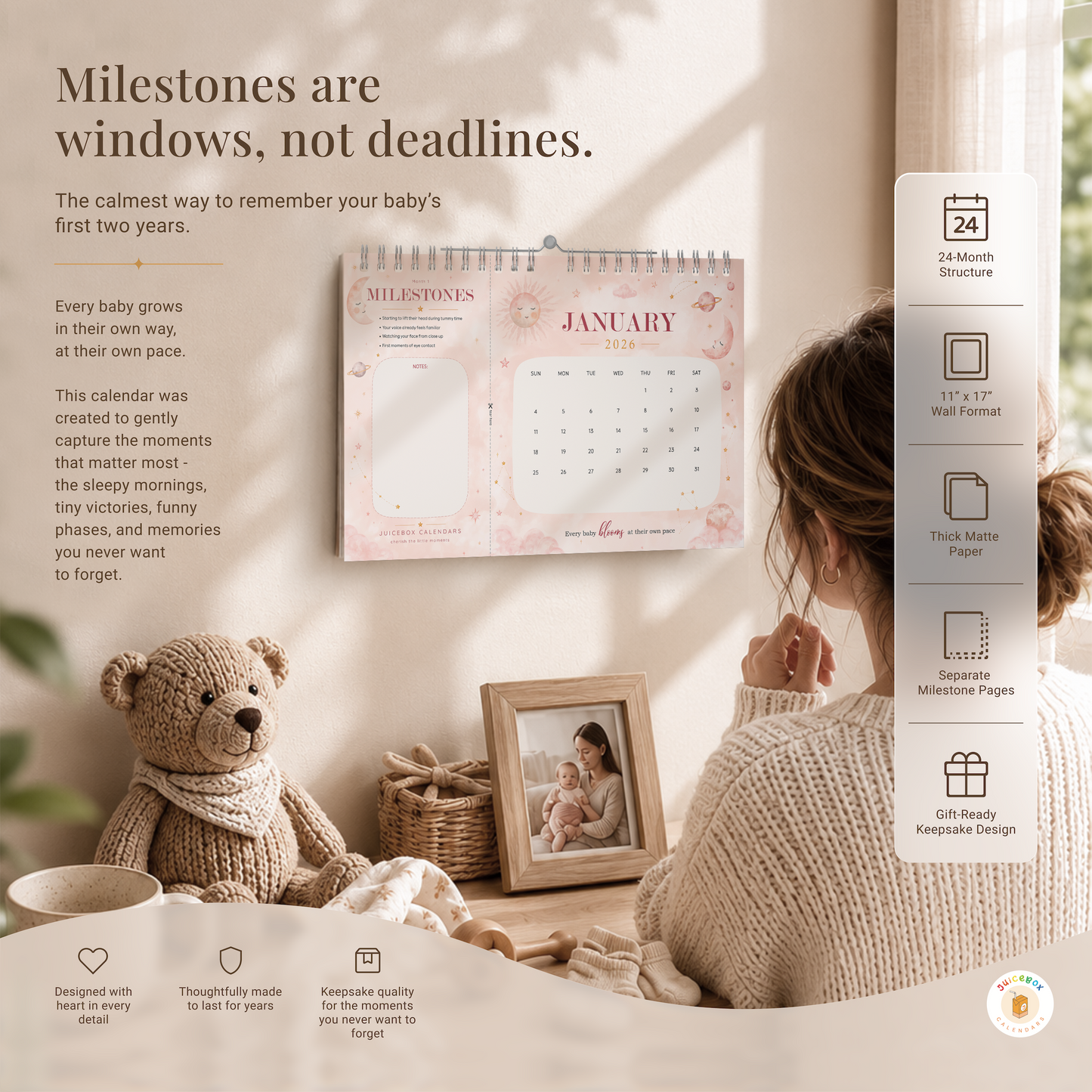 Celestial Bloom Baby Milestone Calendar | 2026–2027 Keepsake Wall Calendar