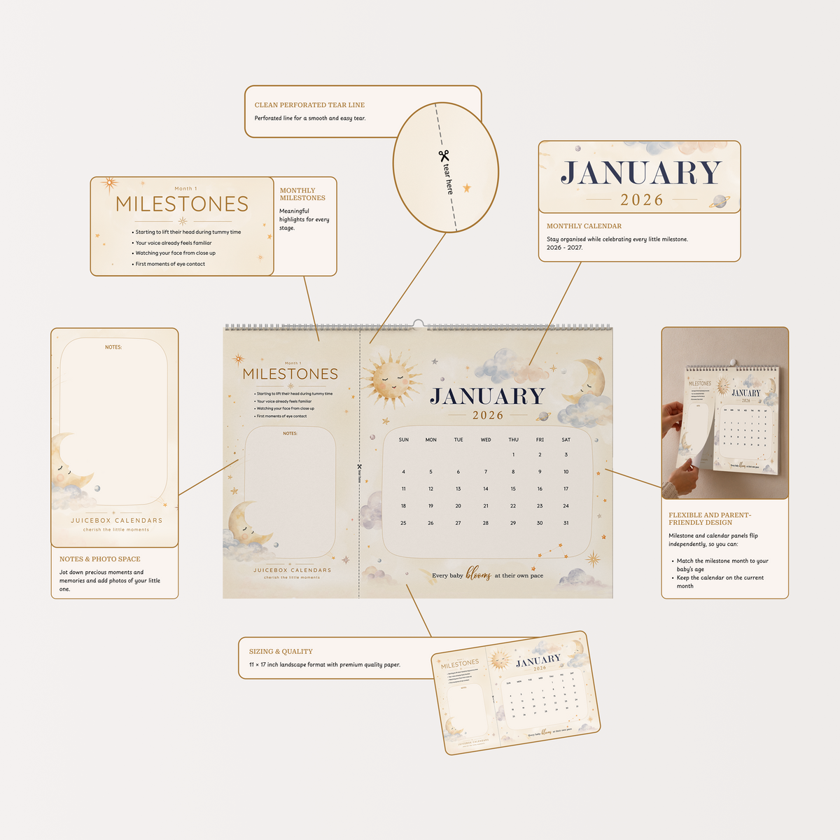 Soft Sky baby milestone calendar information, dimensions, and product features