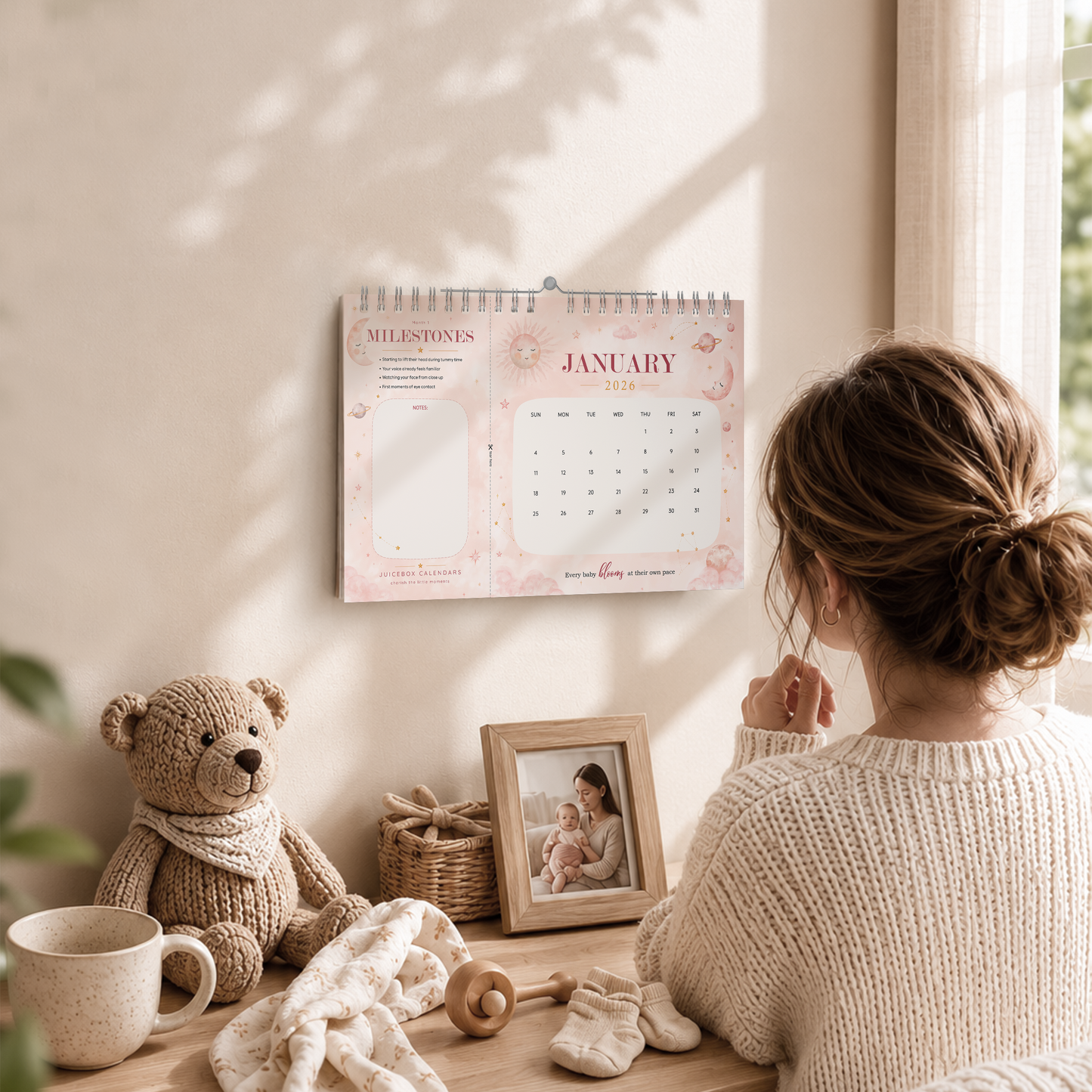 Celestial Bloom Baby Milestone Calendar | 2026–2027 Keepsake Wall Calendar