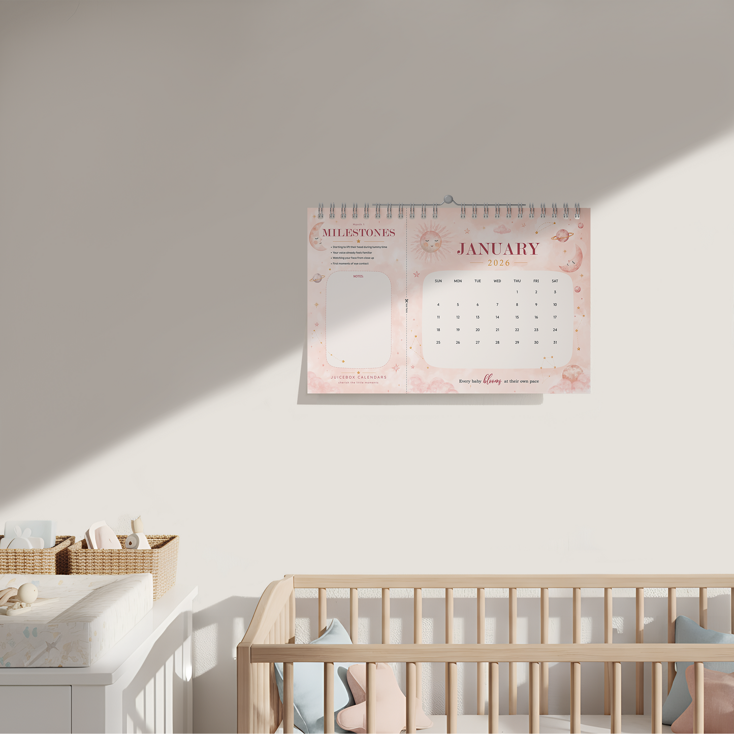 Celestial Bloom Baby Milestone Calendar | 2026–2027 Keepsake Wall Calendar