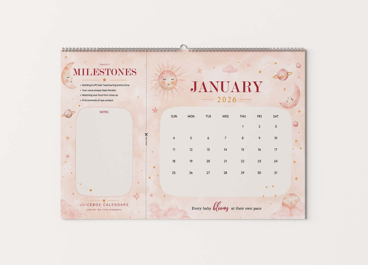 Celestial Bloom 24-month baby milestone wall calendar, 11 × 17 inches
